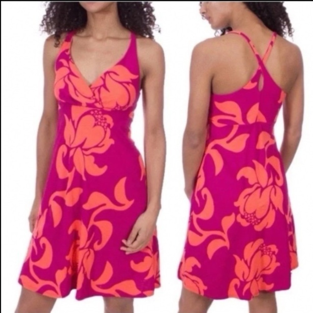 Patagonia Amber Down Dress M Magenta Orange Floral Organic Cotton Cris cross